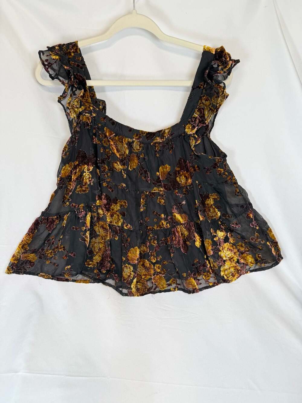 Whismigoth BOHO Festival Black and Gold Floral Burnout Velvet Baby Doll with Ruf